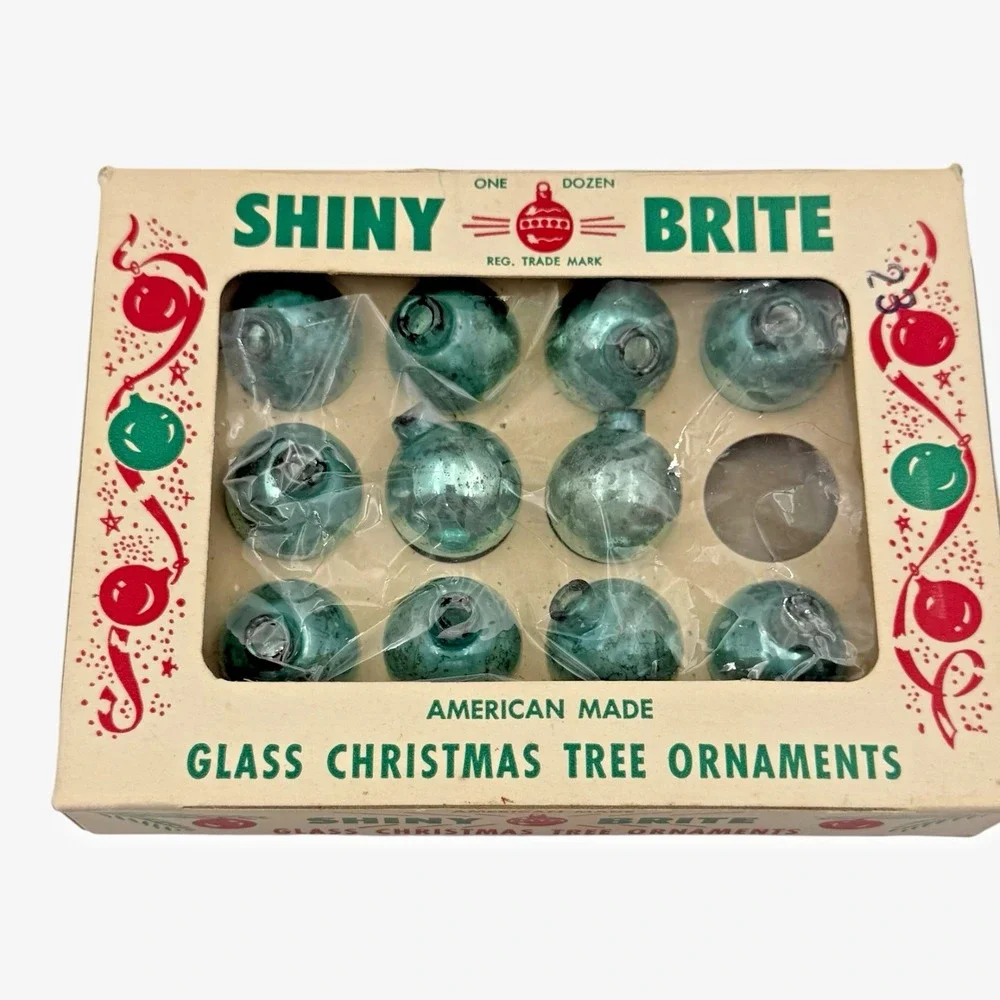 Shiny Brite Decorator Mercury Glass Ornaments Aqua Blue 11pc Boxed 25mm Vintage